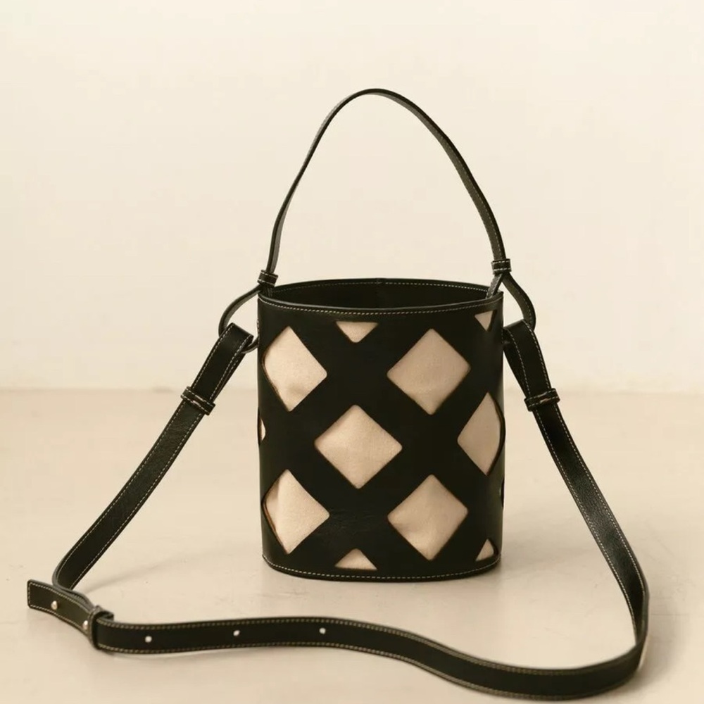 Bucket bag; leather and canvas